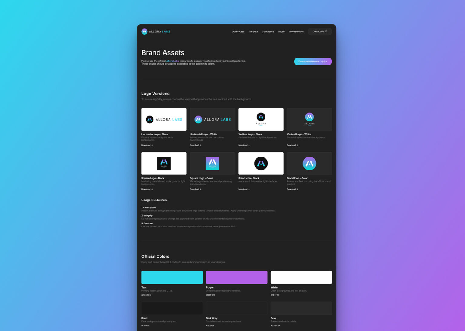 Branding elements and UI dashboard preview for the Allora Labs project.