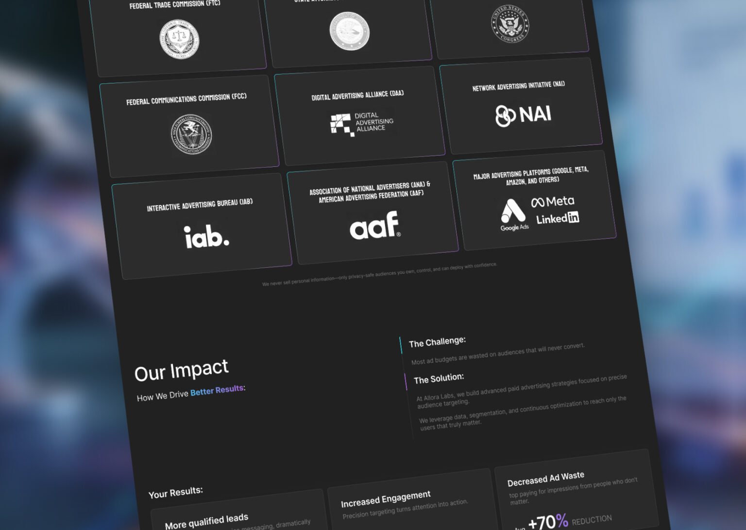 Grid of client and partner logos on the Allora Labs website interface.