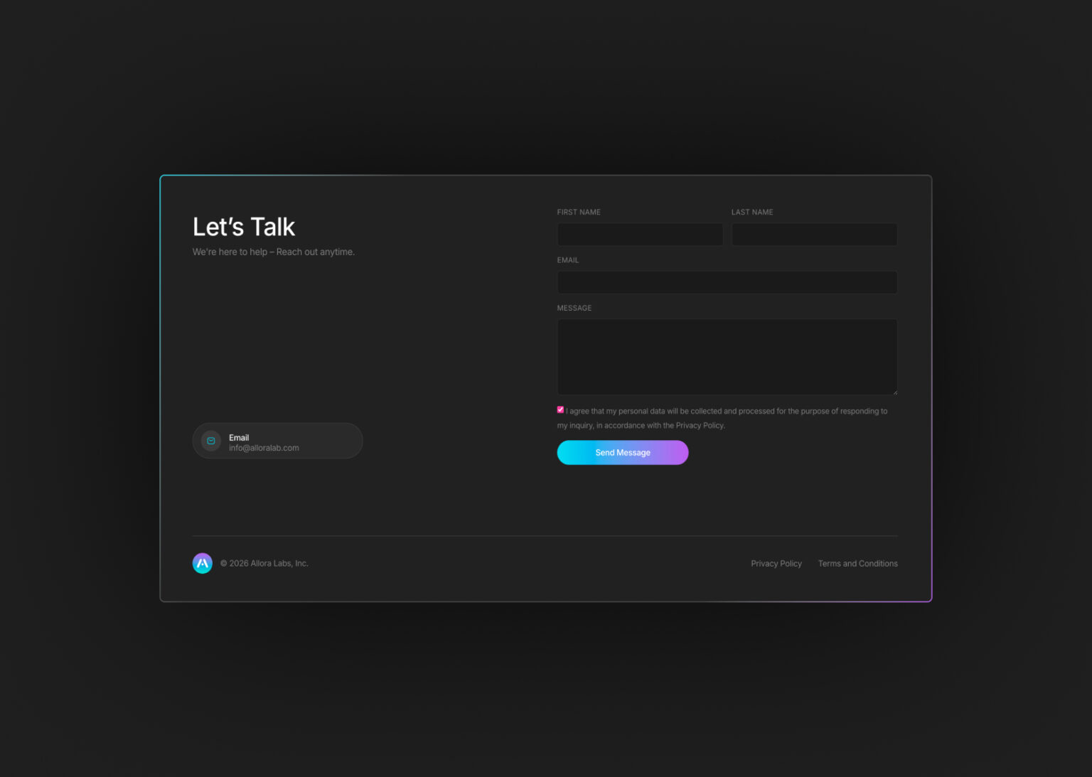 Contact form UI design for the Allora Labs website project.