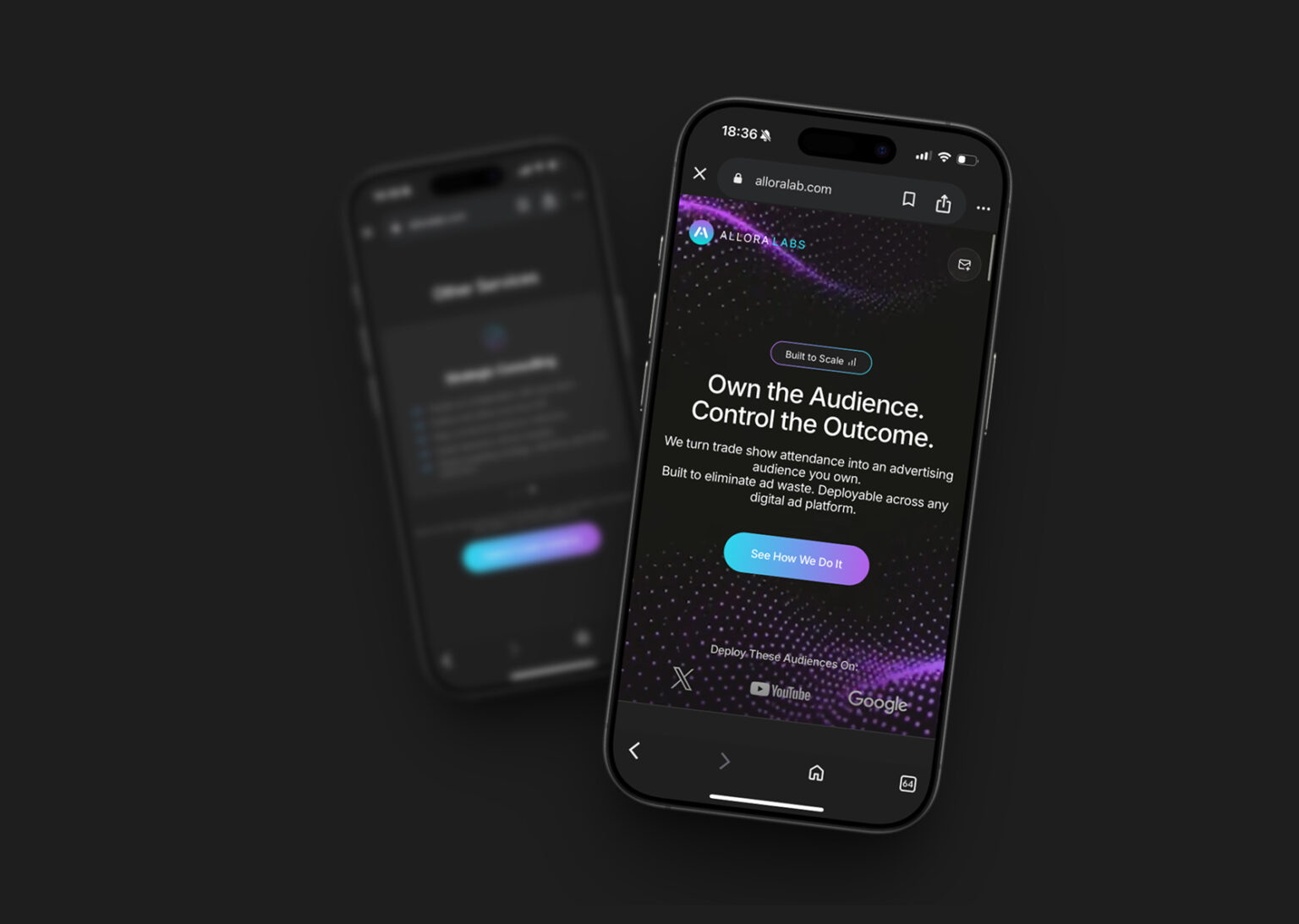 Two smartphones displaying the Allora Labs mobile interface and brand elements.