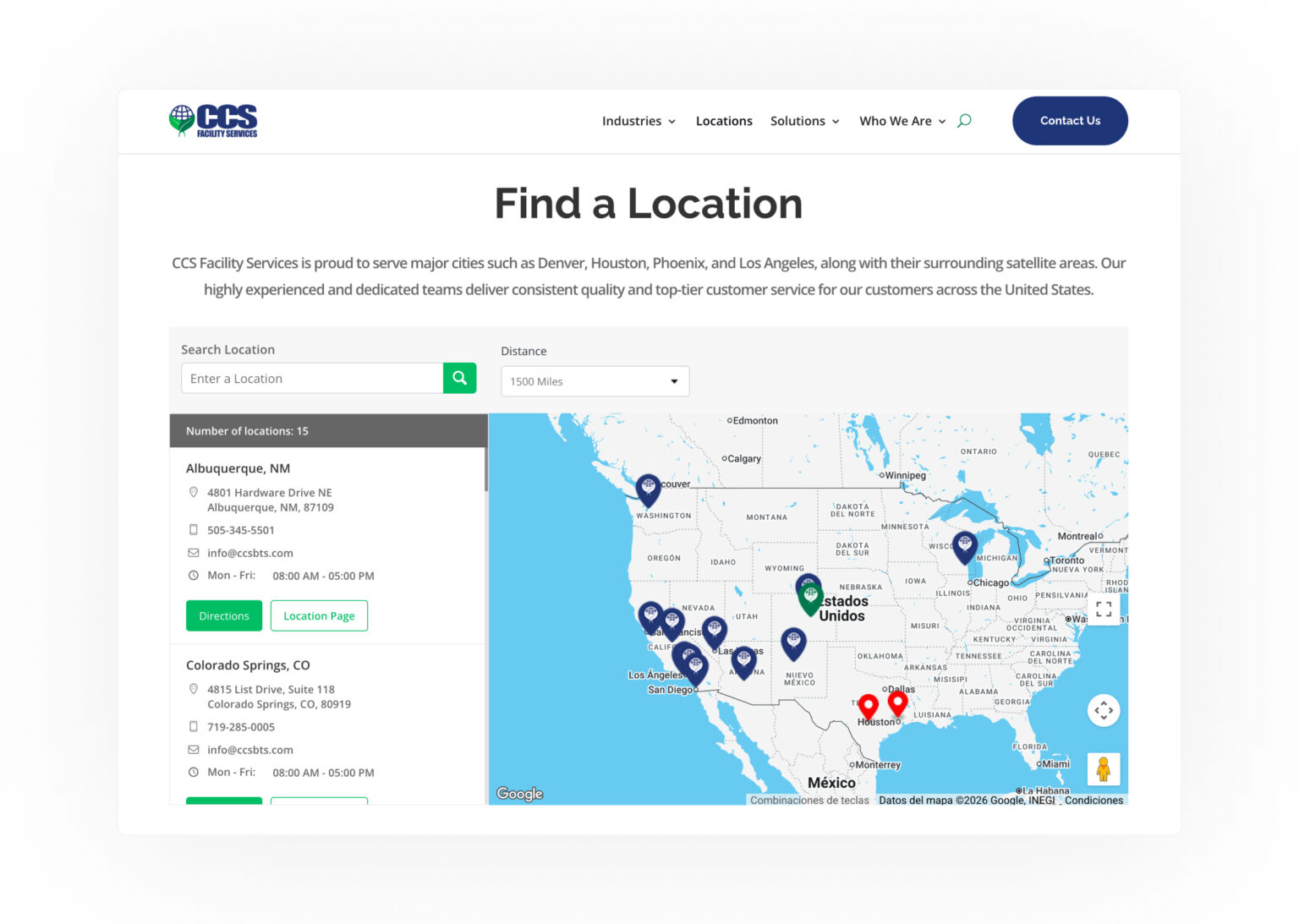 CCSBTS contact page featuring a lead generation form and company contact information.