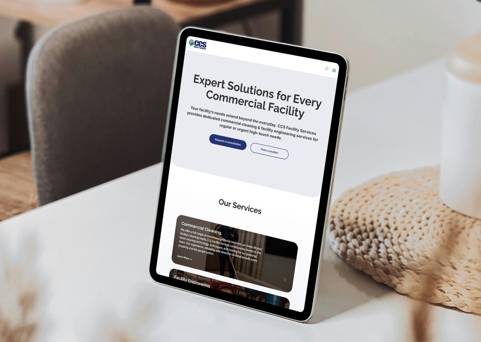 Single tablet mockup displaying a CCSBTS professional service page.