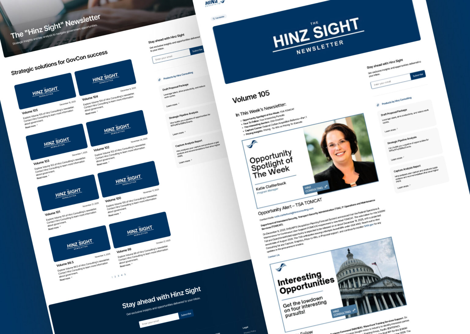 Hinz Consulting insights internal page displaying blog posts and resource cards.