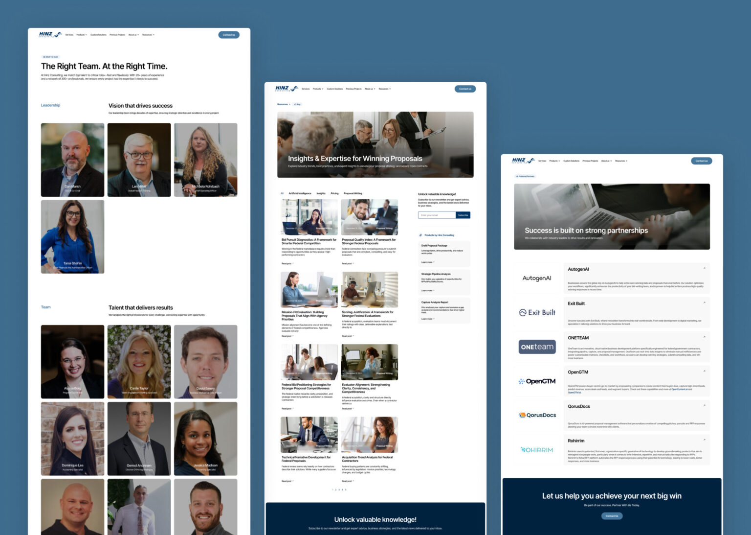 Layout of three internal website pages for the Hinz Consulting project.