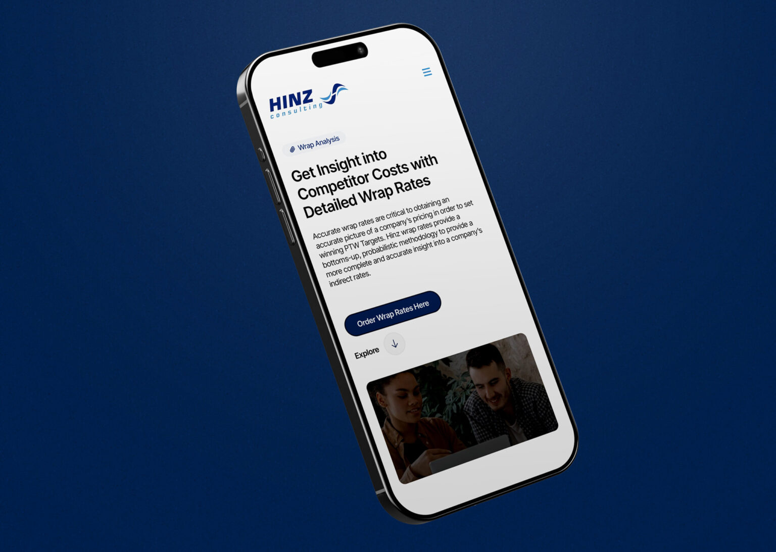Single smartphone mockup displaying the Hinz Consulting mobile website interface.