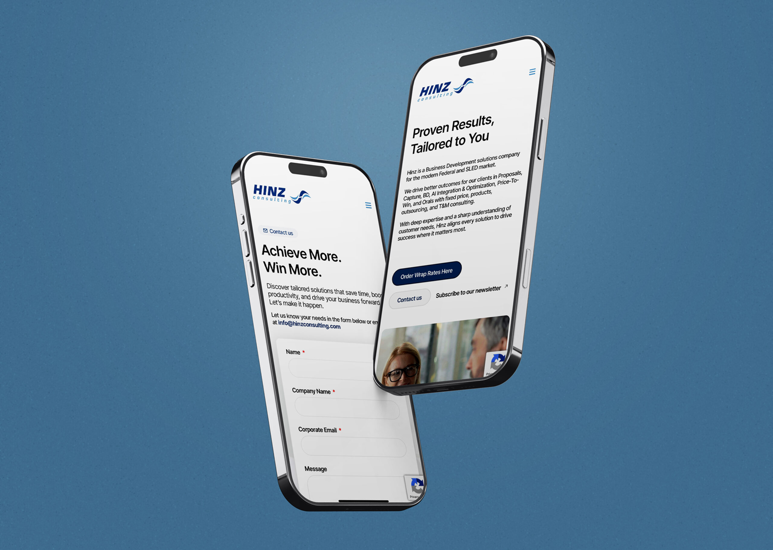 Hinz Consulting website design displayed on two floating smartphone mockups.