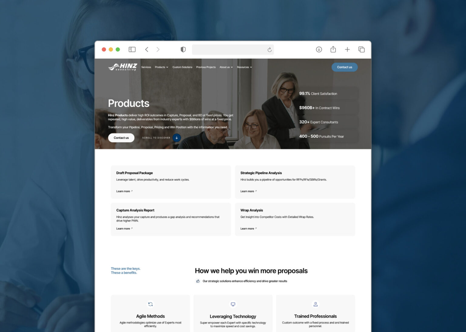 Hinz Consulting homepage redesign showing professional services and desktop navigation.