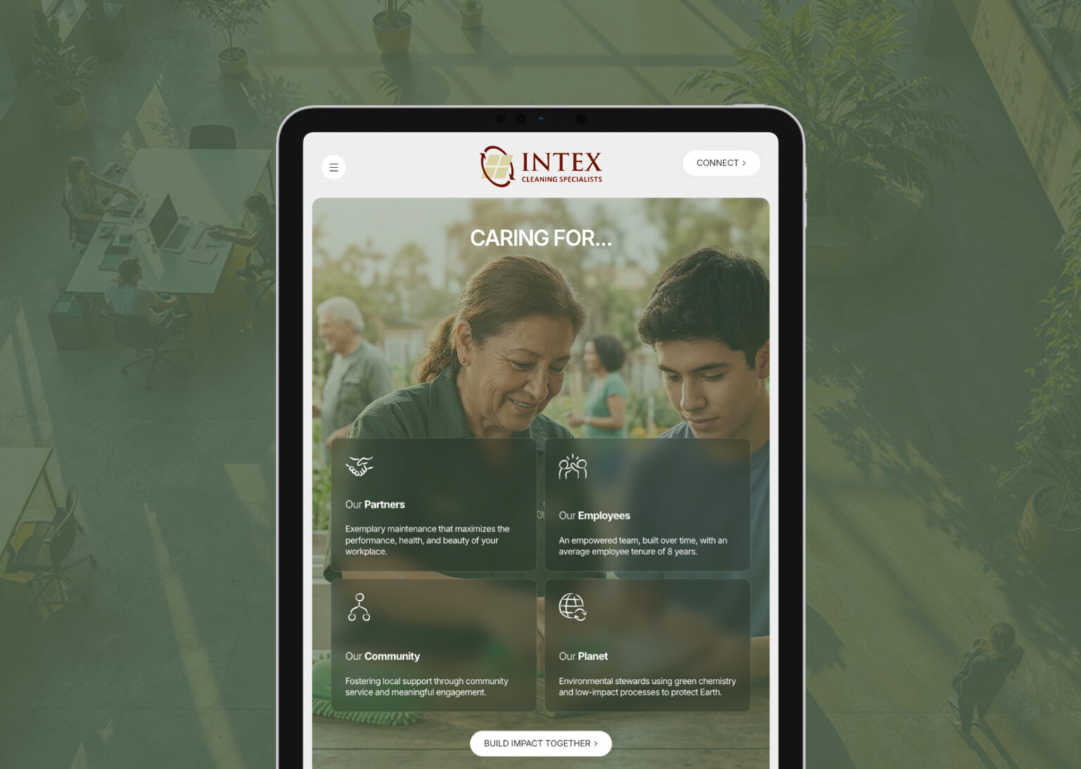Tablet view of the Intex website redesign featuring the "Caring For" section, highlighting commitment to partners, employees, community, and the planet.