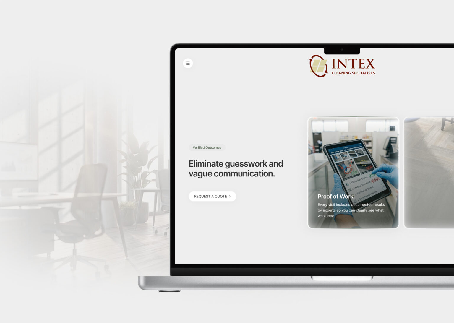 Intex Cleaning Specialists website redesign showing a clean tech aesthetic with a focus on documented results and corporate office deep cleaning services.