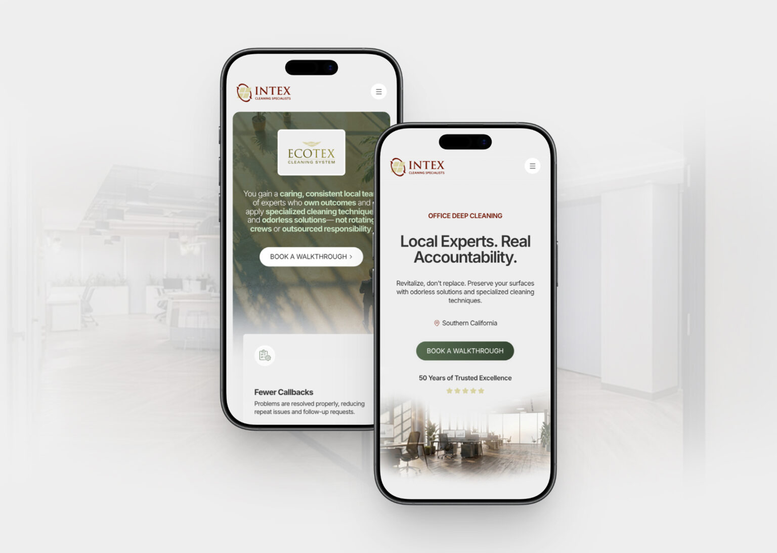Mobile responsive design of the Intex website highlighting the "Local Experts, Real Accountability" headline and user-friendly navigation for Southern California clients.