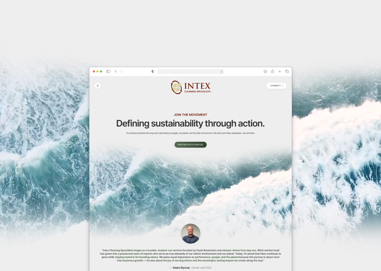 Premium hero section of Intex website featuring a nature-focused background and the headline "Defining sustainability through action" with a message from the CEO.