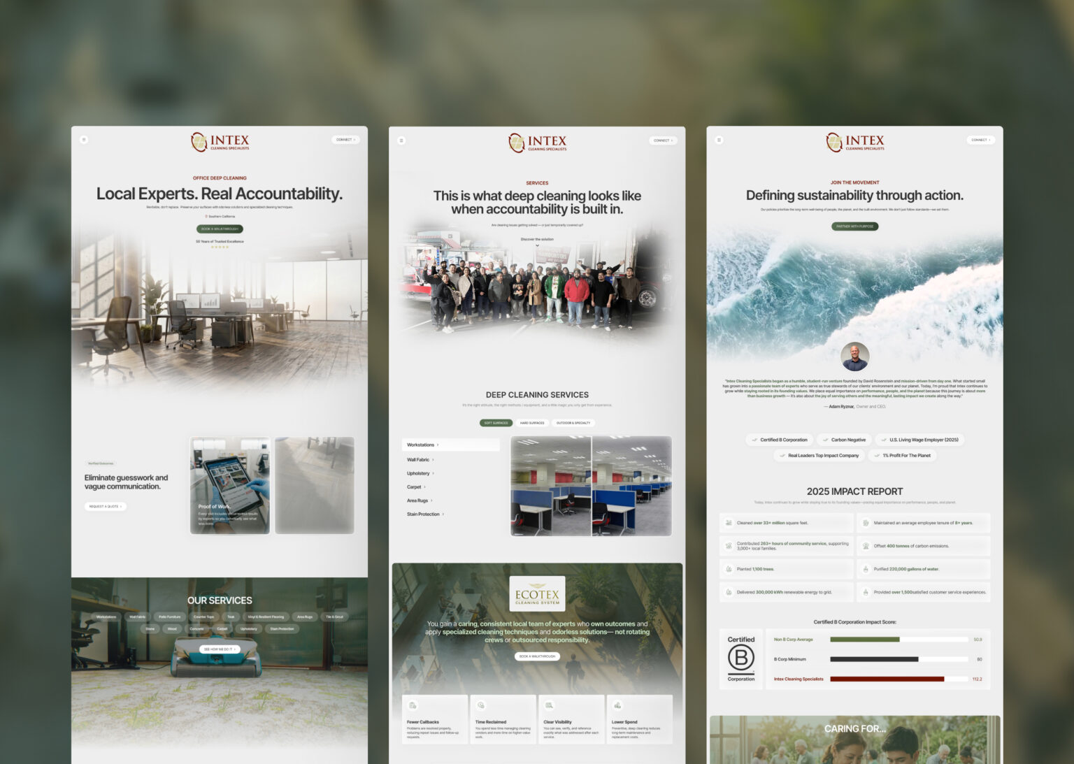 Responsive website layout for Intex showing the sustainability movement page, impact report 2025, and high-end corporate cleaning service sections.