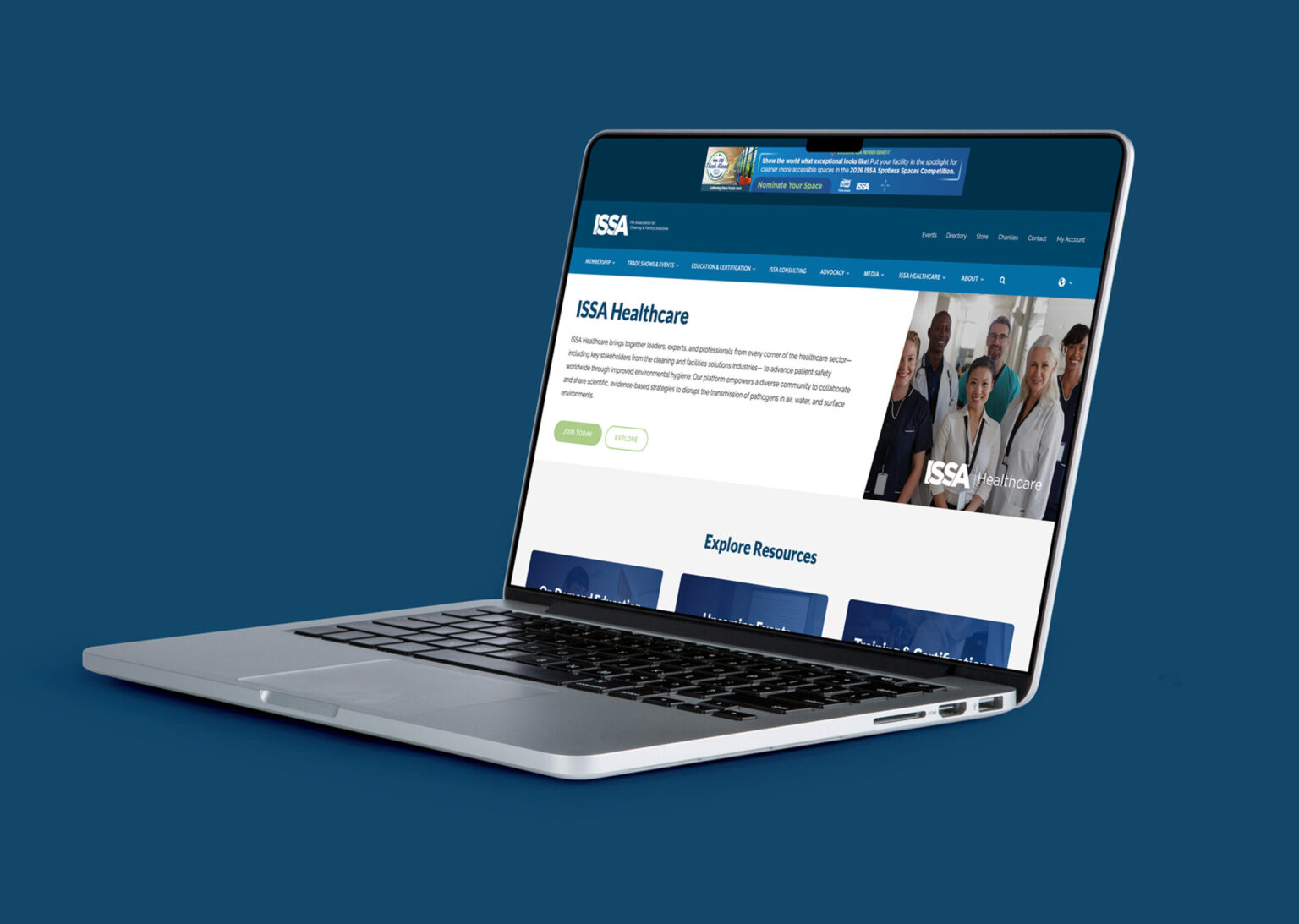 ISSA healthcare division website section displayed on a laptop browser mockup.