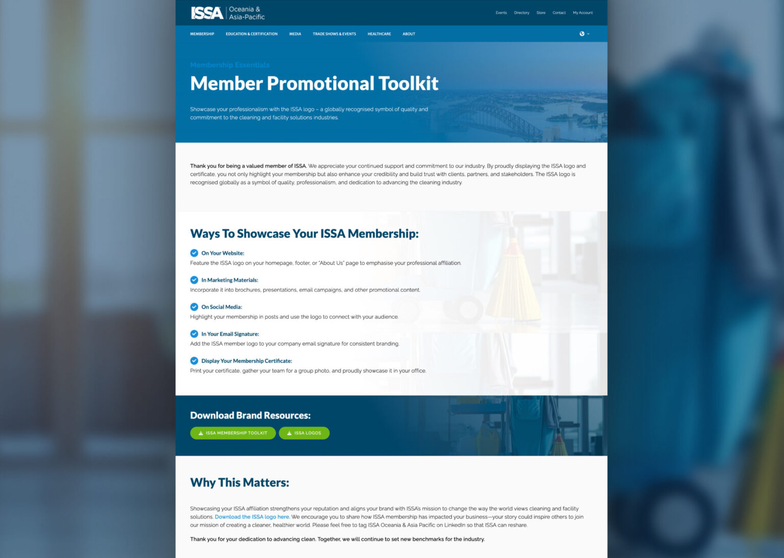 Member promotional toolkit internal page for the ISSA website project.