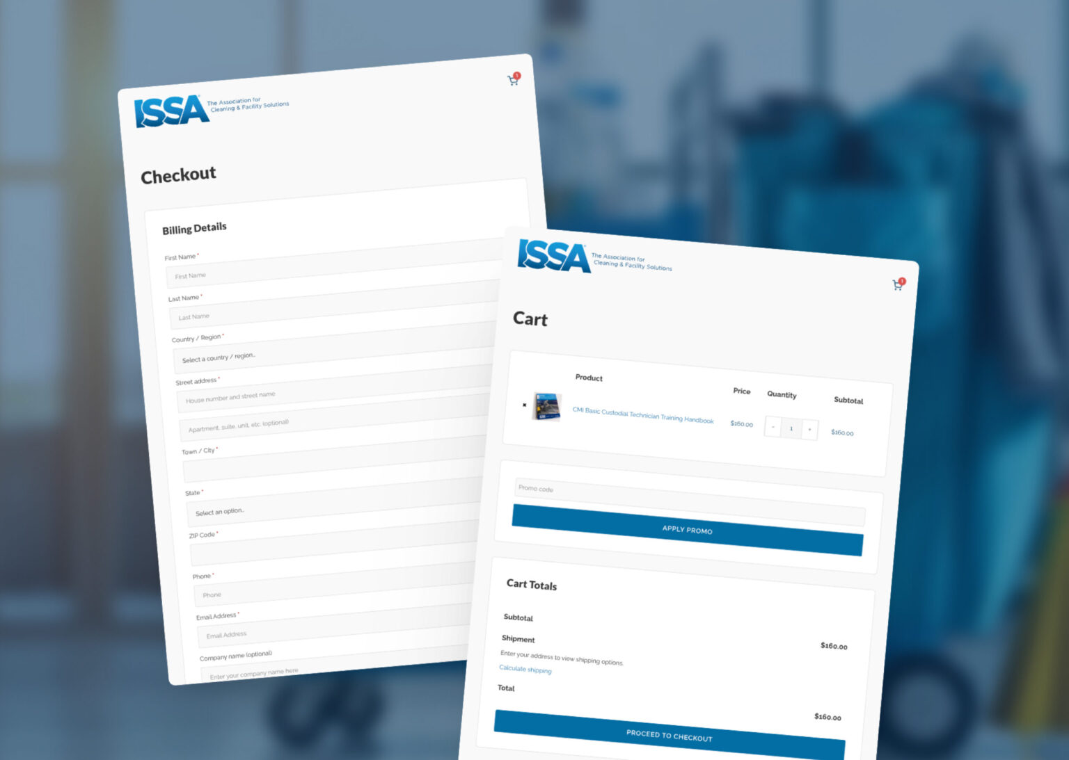 ISSA store cart and checkout pages with order summary and form fields
