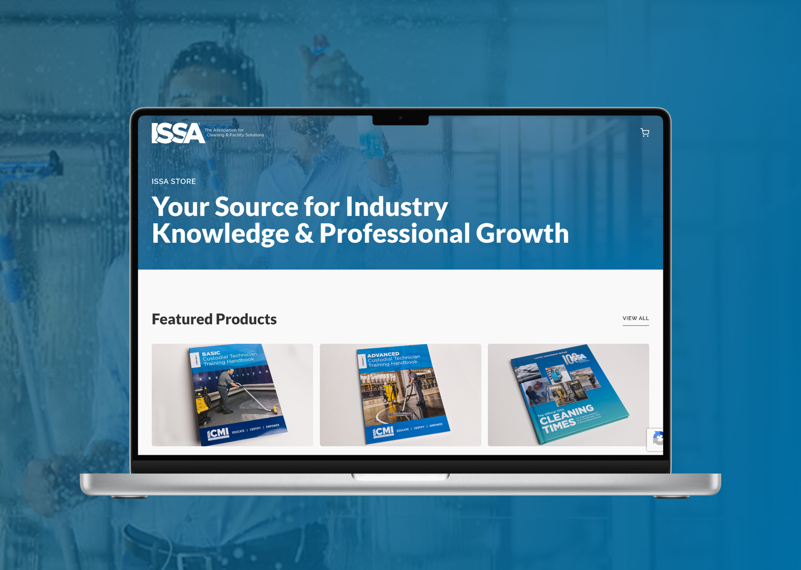 ISSA online store homepage displayed on laptop featuring industry resources and products