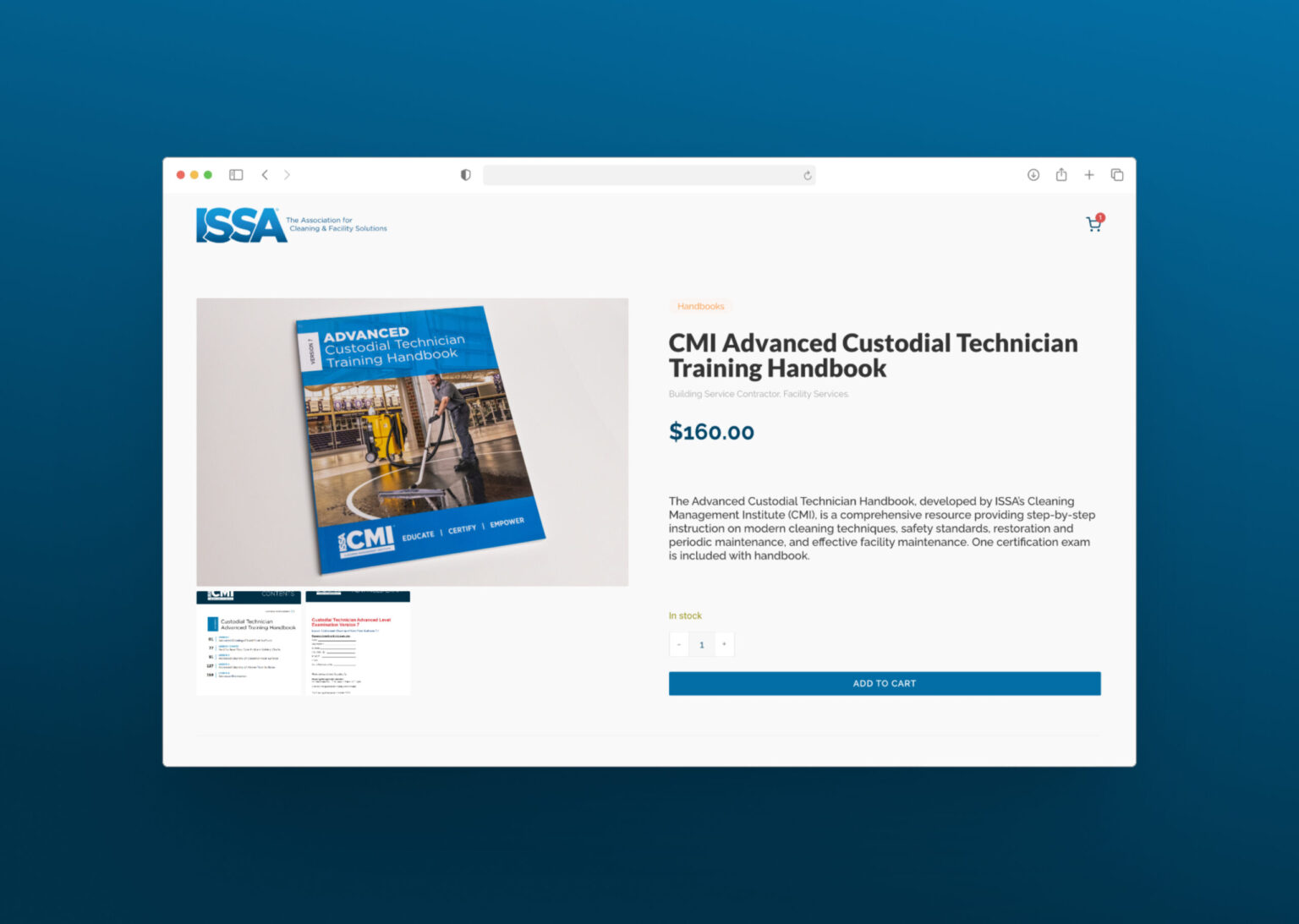 ISSA store product detail page for custodial training handbook with pricing and description