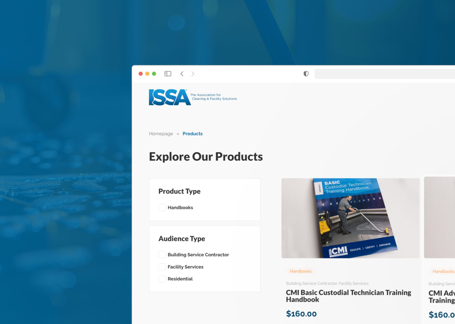ISSA store product listing page with filters and training materials
