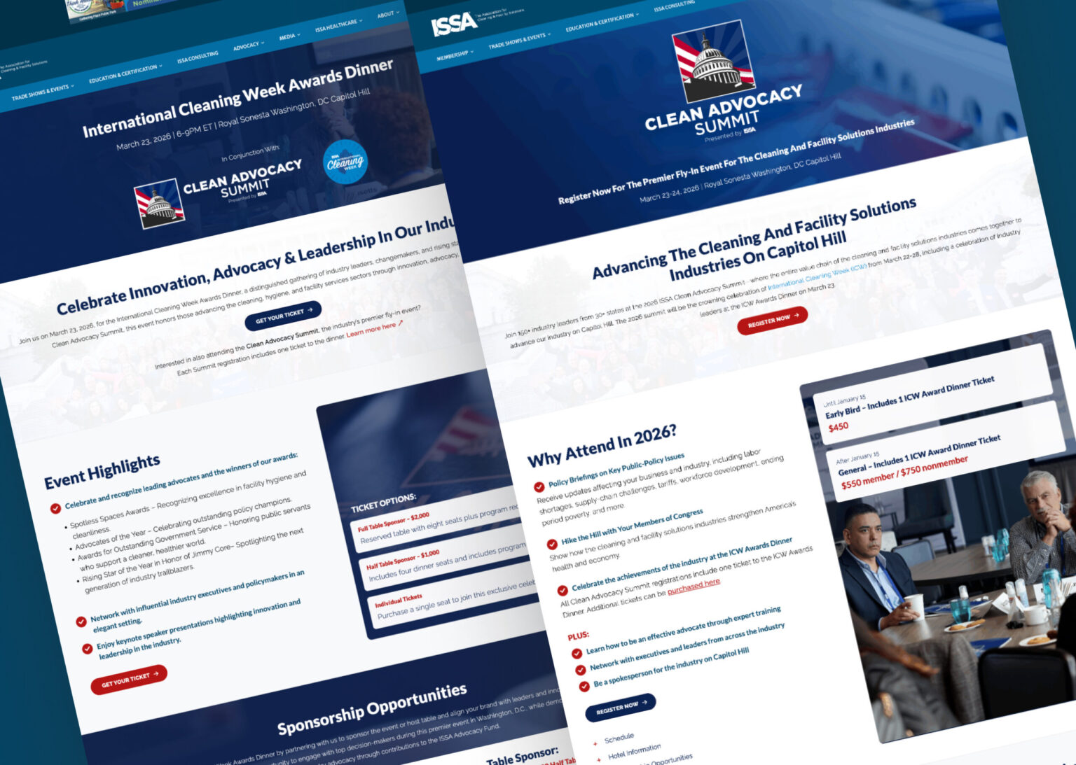 Desktop views of two different event and summit pages for ISSA associations.