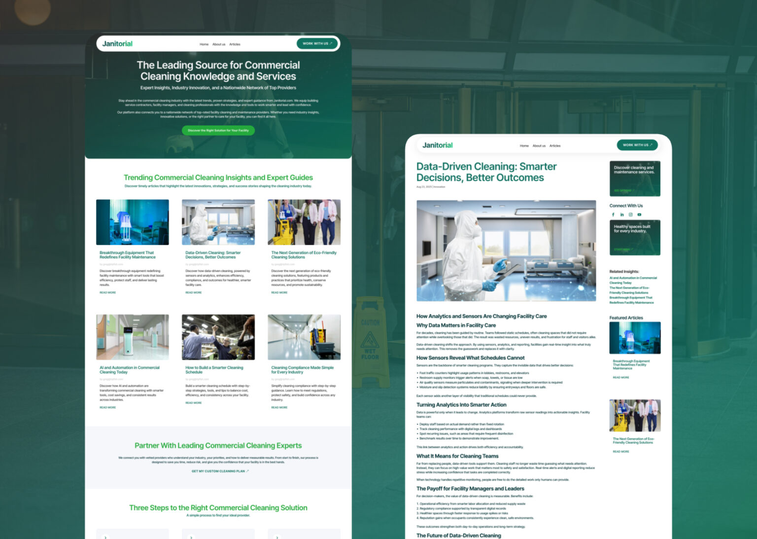 Janitorial website blog listing and article page layout on desktop screen