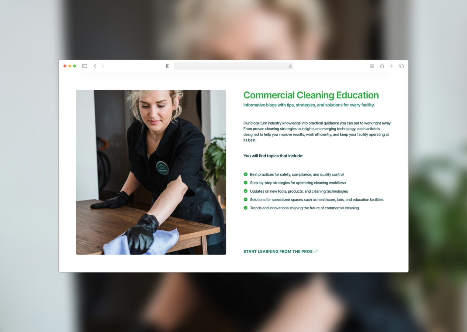 Commercial cleaning education section highlighting insights and learning resources on Janitorial website