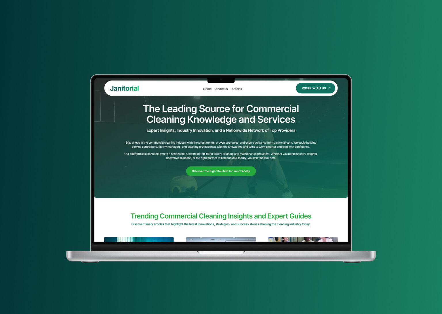 Janitorial website homepage displayed on laptop with hero section and call to action