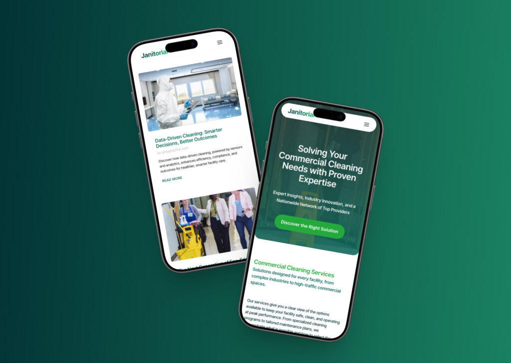 Mobile view of Janitorial website showcasing homepage and commercial cleaning services content