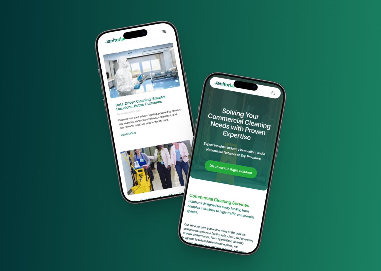 Mobile view of Janitorial website showcasing homepage and commercial cleaning services content