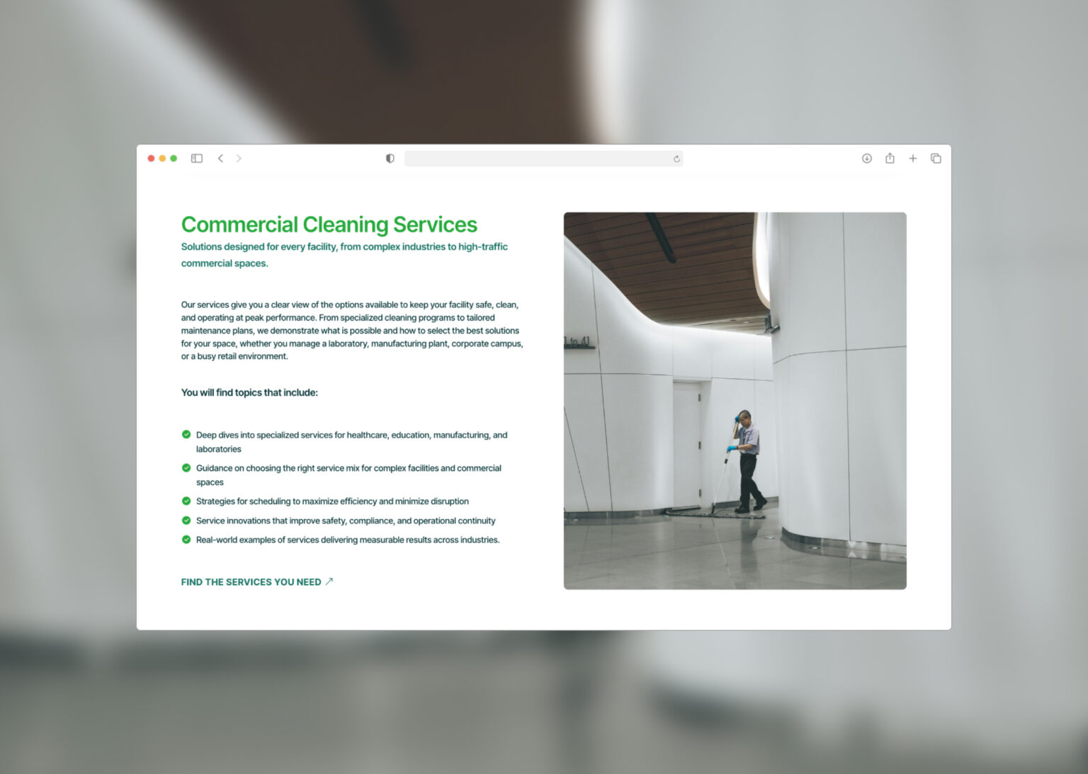 Commercial cleaning services detail section with text and image on Janitorial website