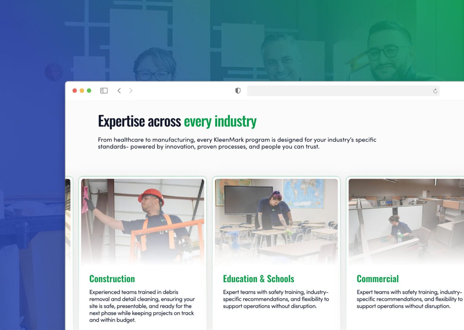 KleenMark website section showcasing cleaning expertise across construction, education, and healthcare industries.