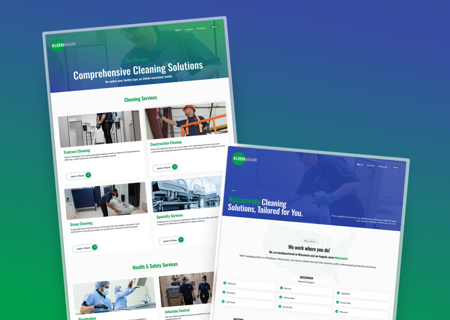Professional layout of two internal service pages for the KleenMark website project.