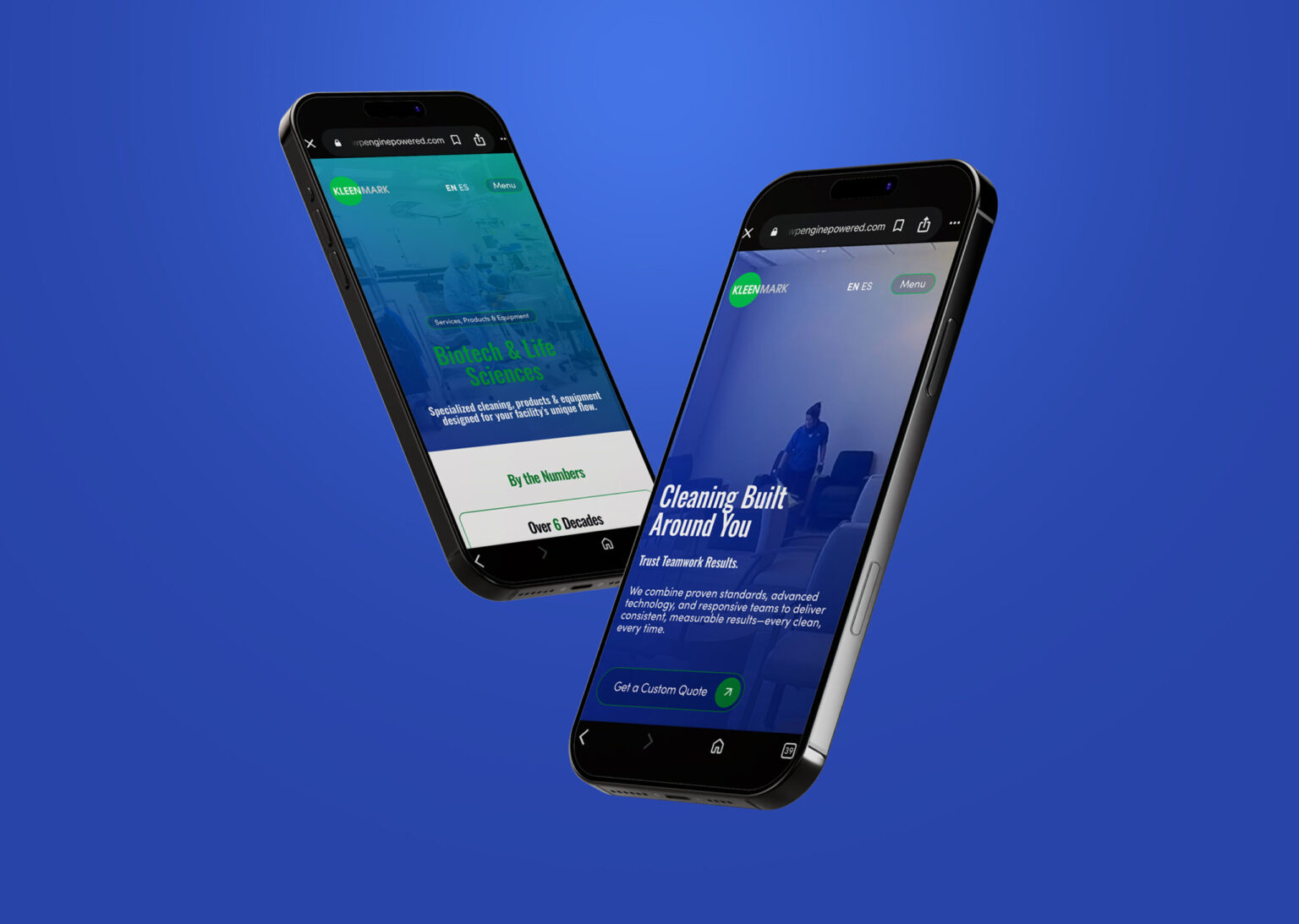 Two smartphones showing the responsive mobile interface for the KleenMark website.