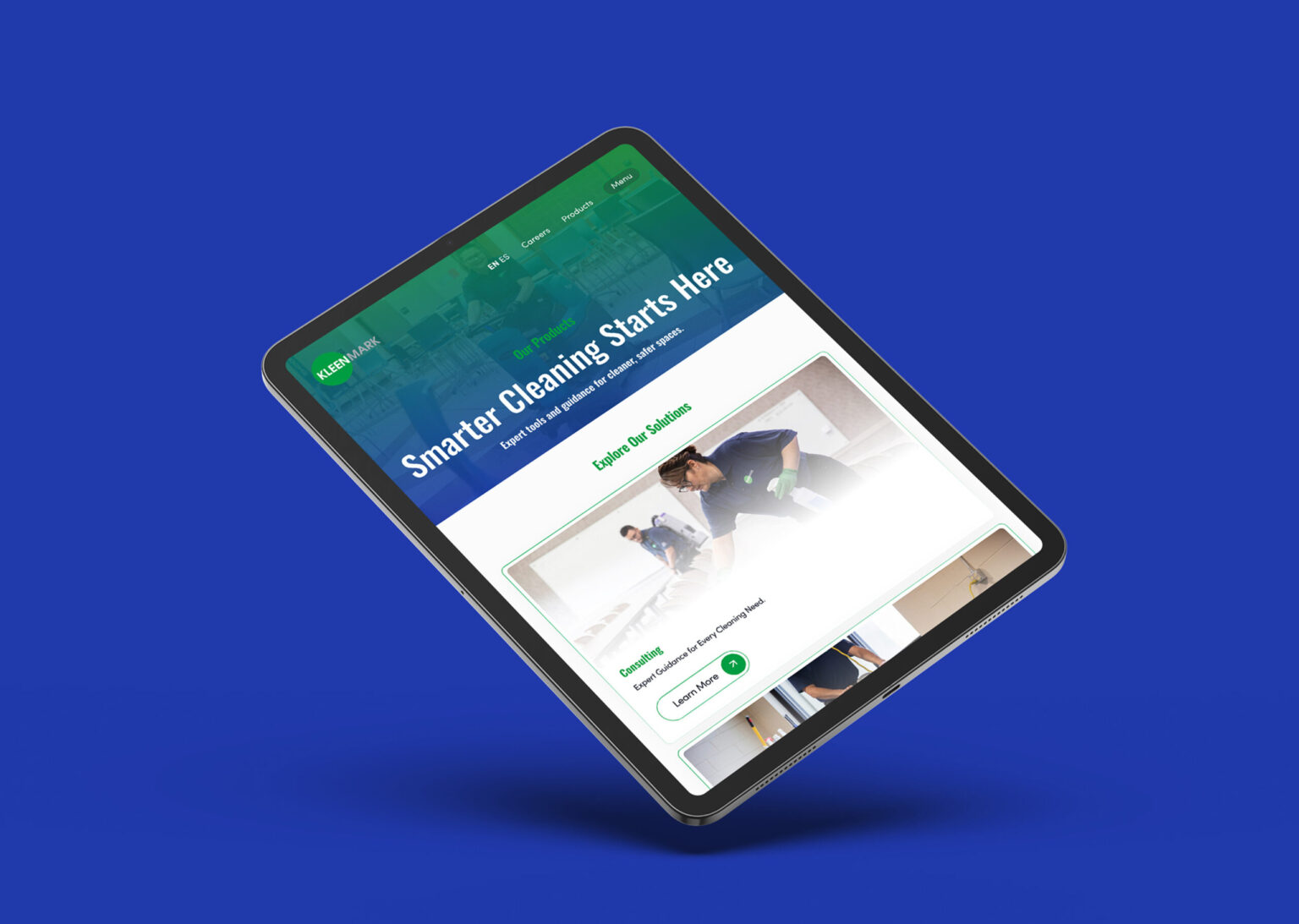 Single tablet mockup displaying a KleenMark professional cleaning service page.