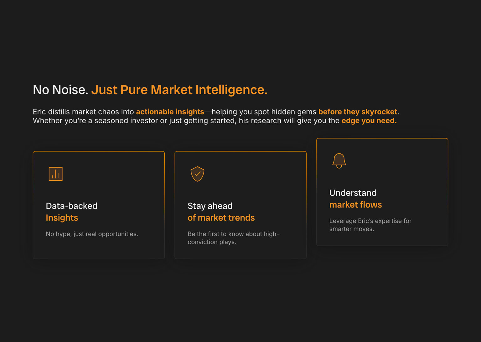 Website section for Phenom Crypto featuring three informational cards about market intelligence.