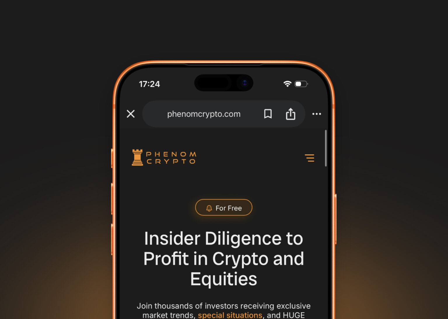 Phenom Crypto mobile website interface showing investment diligence and profit insights.