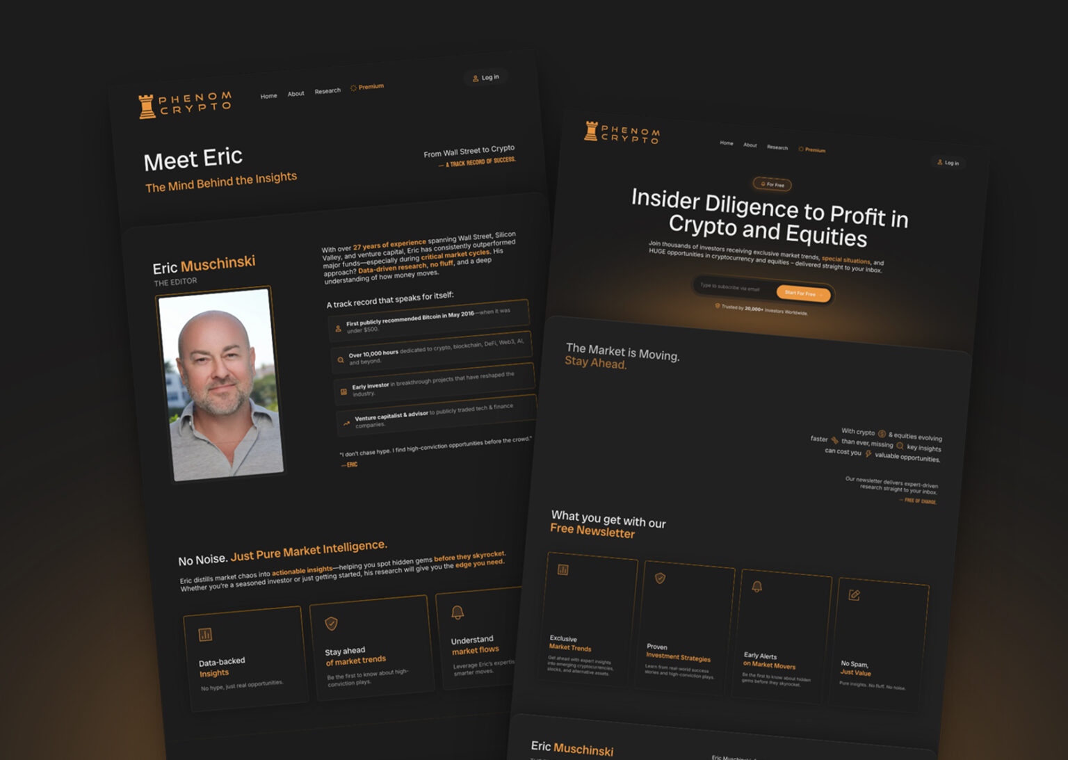 Two vertical mobile UI screens showing different functional layouts for the Phenom Crypto project.