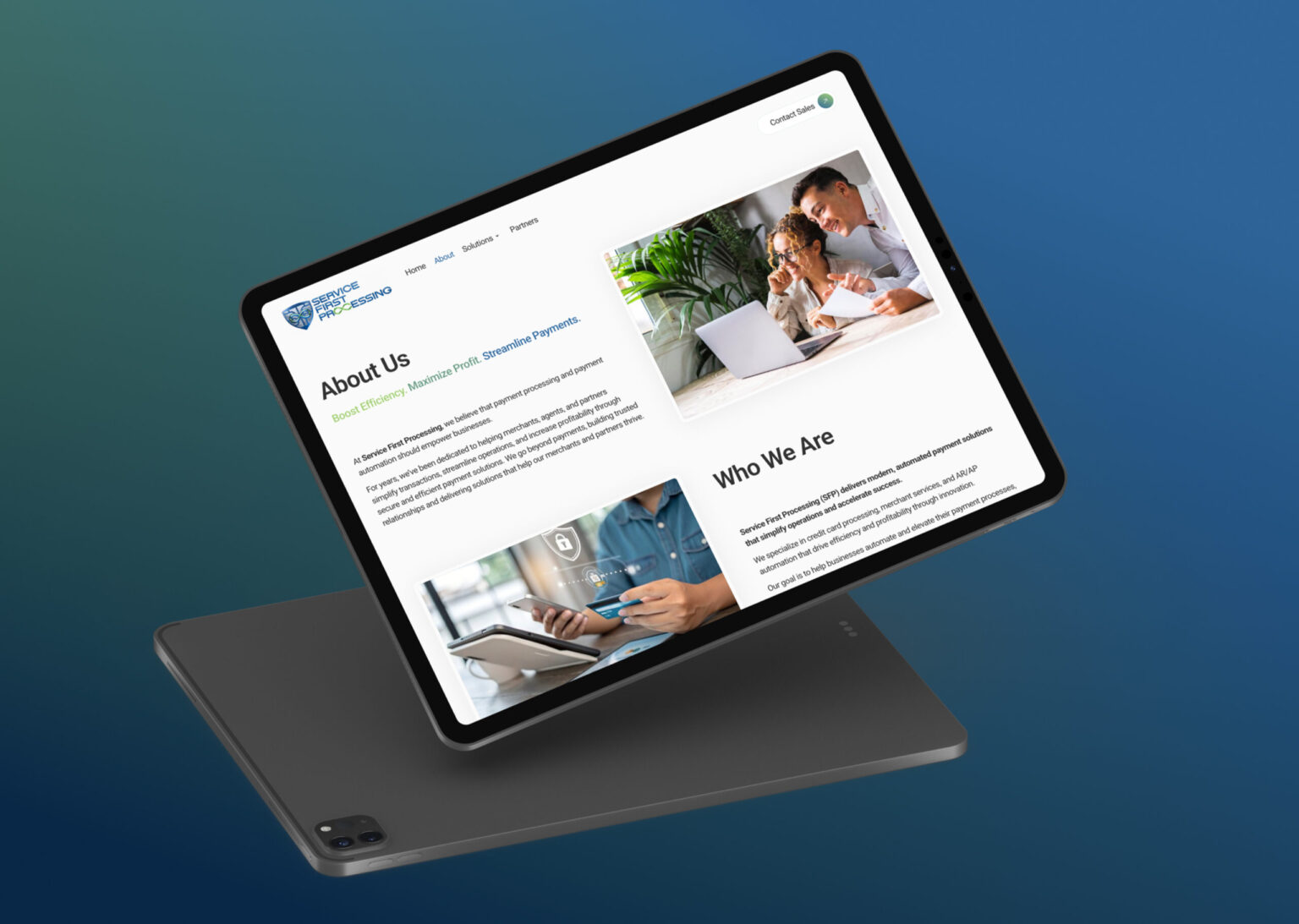 Single tablet mockup displaying the "About Us" section of the SF Processing website.