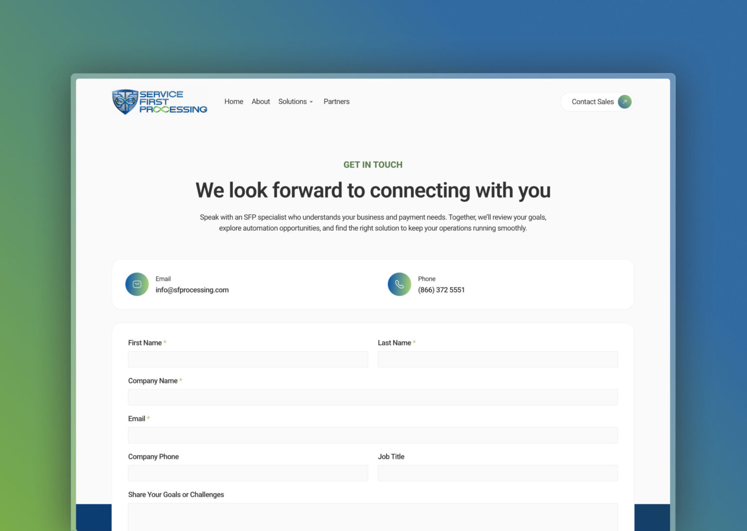 Contact and lead generation form UI for the Service First Processing website.