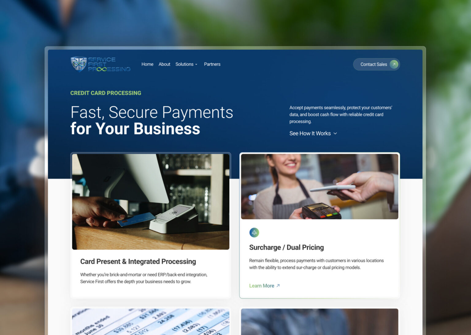 Internal page for SF Processing showing secure payment solutions and business service options.