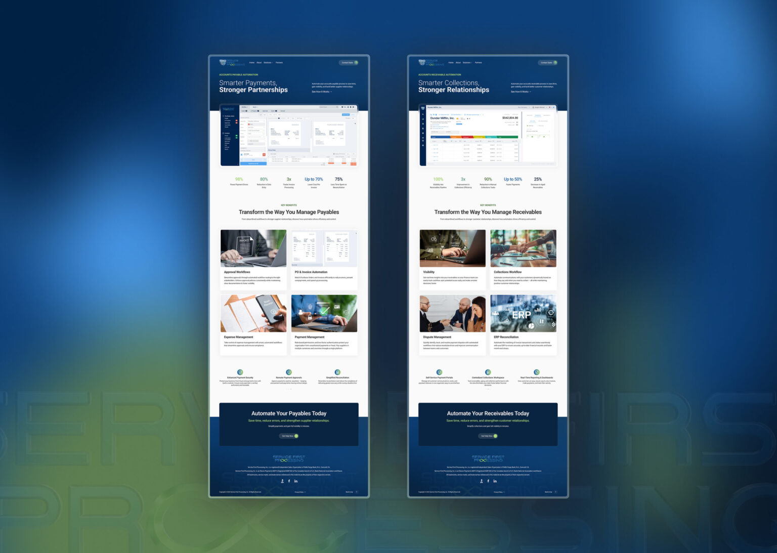 Two vertical mobile UI screens showing different functional layouts for the SF Processing project.