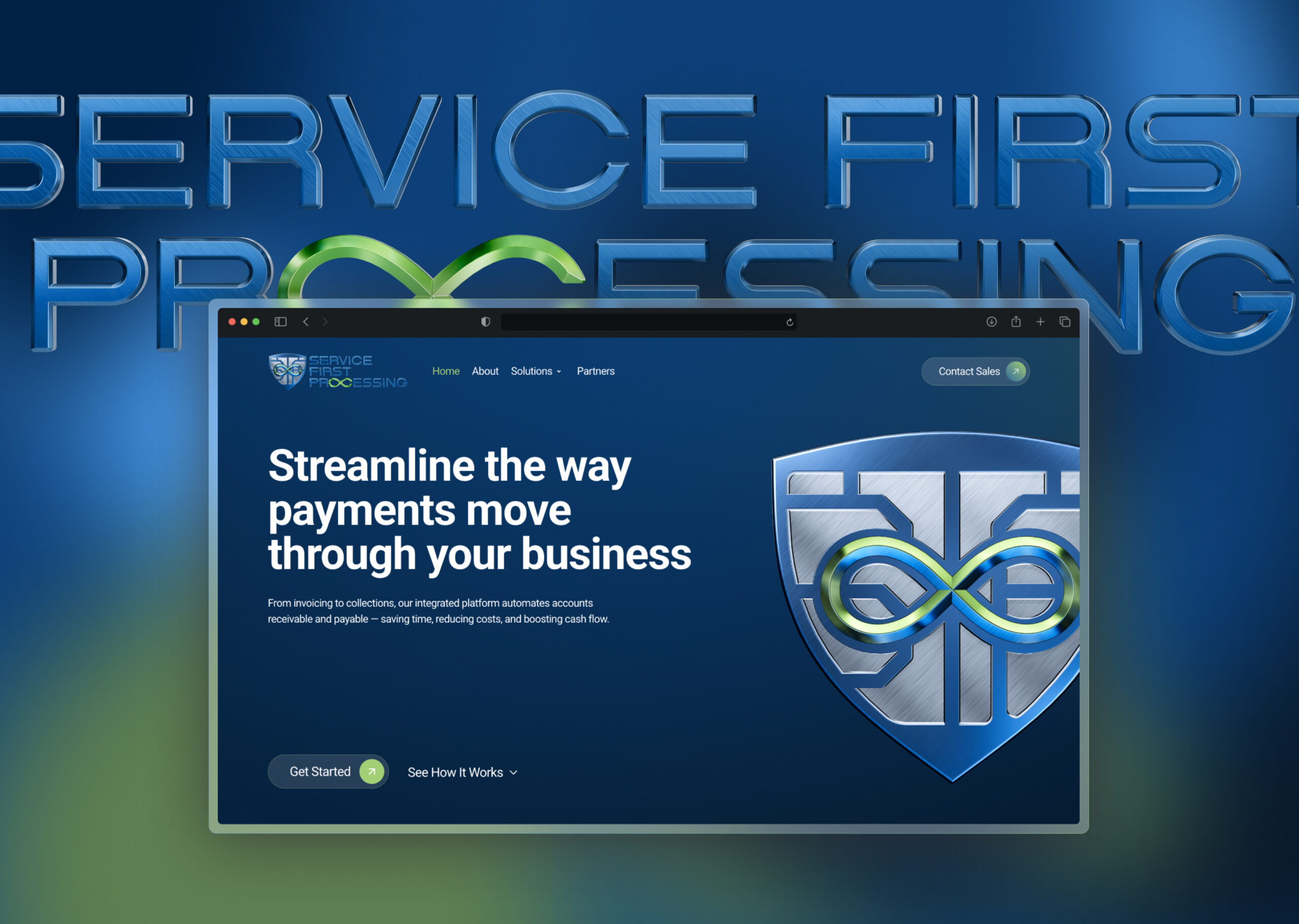 Service First Processing website redesign hero section displayed on a desktop browser mockup.
