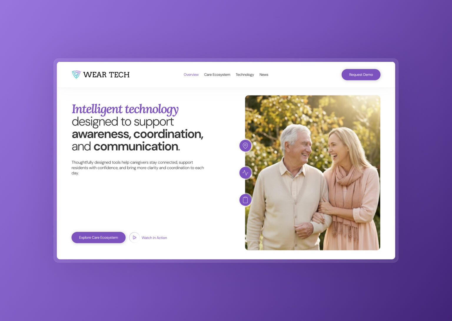 Desktop website view of Wear-Tech showing an elderly couple smiling outdoors next to the headline "Intelligent technology designed to support awareness, coordination, and communication."