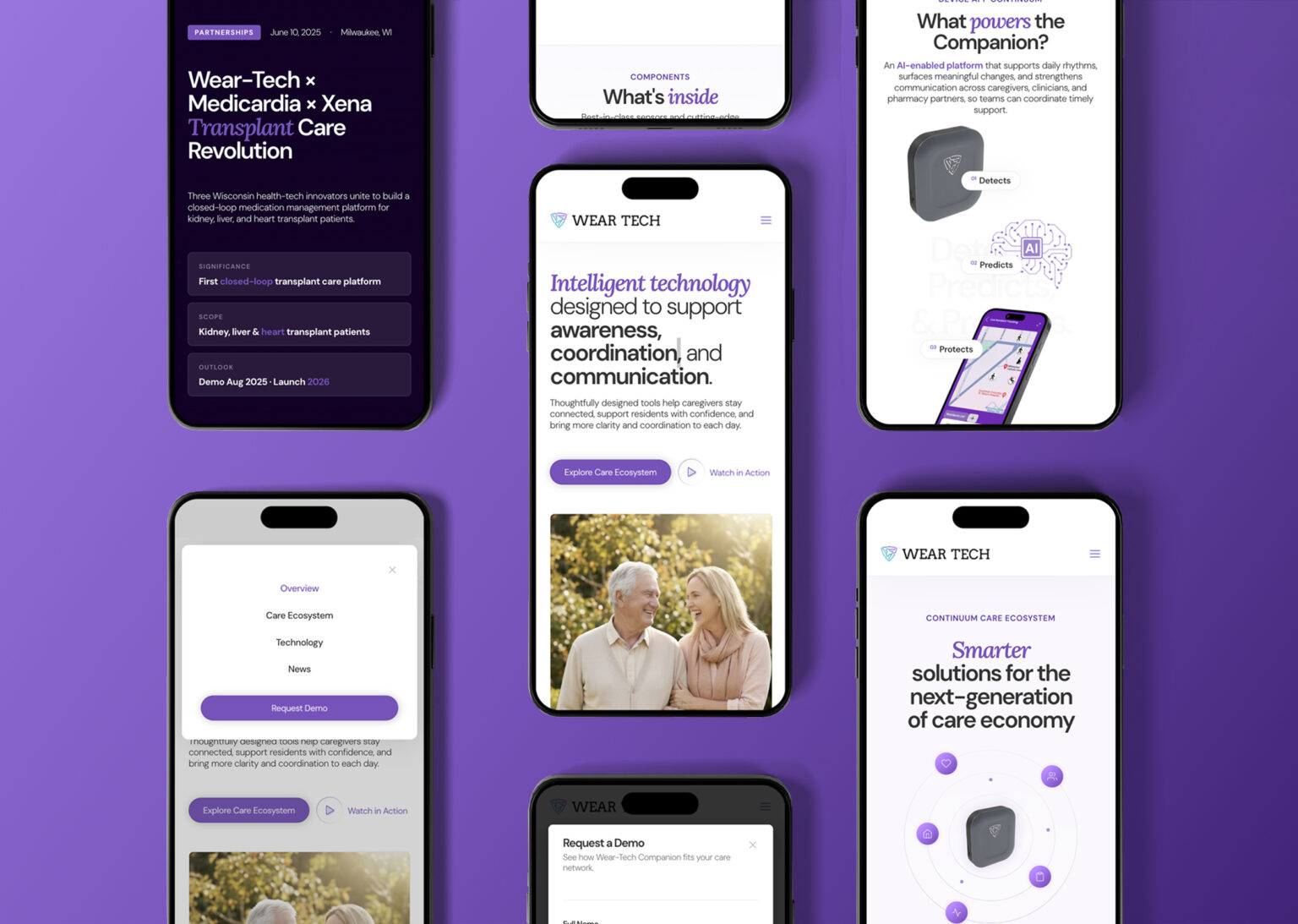 A grid of smartphone screens displaying the Wear-Tech app interface, highlighting partnership news, the care ecosystem menu, and AI-powered risk detection features for seniors.
