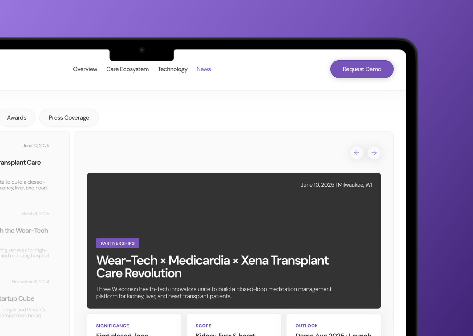 A laptop screen displaying a news article about the partnership between Wear-Tech, Medicardia, and Xena for a transplant care revolution using closed-loop medication management.